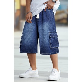 GINGTTO Mens Baggy Denim Shorts Cargo Capri Jorts Men Y2k Below The Knee Jean Shorts Men Vintage Long Dark Blue 30