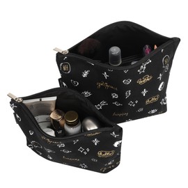 SKAPADORO Travel Cosmetic Makeup Pouch Kit for Girls Women, Cotton with Waterproof Recycled Lining Set of 2 - Make-up Pouch, Toiletries Kit (Happy Doodle)