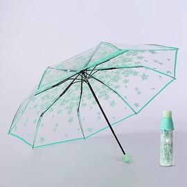 36 Inch Transparent Clear Folding Umbrella with Cherry Blossom for Wind and Heavy Rain (Green)
