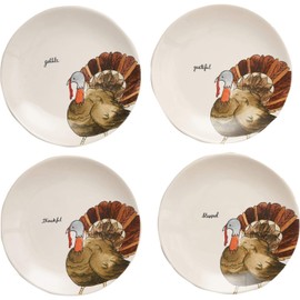 Rae Dunn Magenta Ceramic Thanksgiving Gobble, Grateful, Thankful, Blessed Appetizer Dessert Circle Small 8" Plate Eat (Set of 4) (8 in, Gobble, Grateful, Thankful, Blessed)