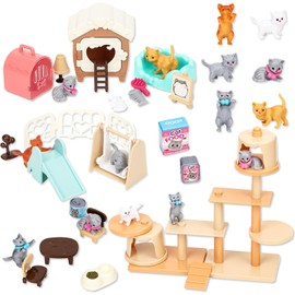 43-Piece Cat Figurine Playset - Realistic Pet Care Center & Cat Cafe Role Play Toys for Kids, Toddlers, Boys & Girls, Educational Animal Pretend Play Set with Accessories, Perfect Gift for Cat Lovers