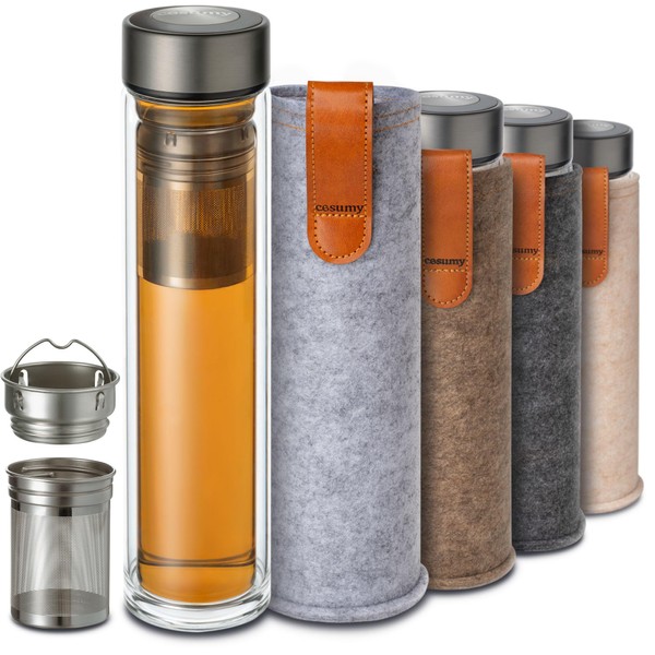 Tea Bottle with Strainer to Go 500 ml - Double-Walled Glass with Felt Bag - Heat Resistant - Leak-Proof - Dishwasher Safe - (Grey)