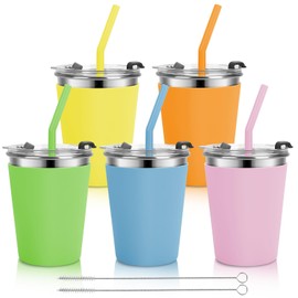 Vermida Stainless Steel Kids Cups with Lids and Straws Leakproof, 5 Pack 12oz Spill Proof Cup for Toddlers Kids Tumblers Unbreakable Sippy Cups with Straws for School, Outdoor (Multicolor)