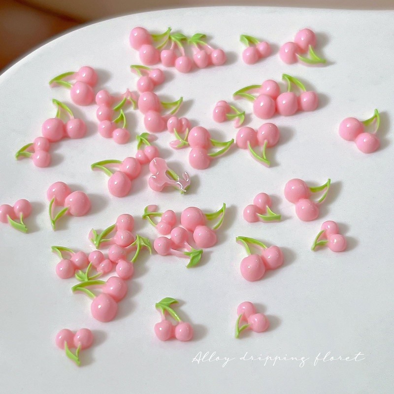 50Pcs Cherry Nail Charms 3D Pink Fruit Nail Supplies Spring