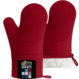 GORILLA GRIP BPA-Free Soft Silicone Oven Mitts, Heat Resistant and Waterproof Cooking Gloves, Thick Cotton Lining, Flexible Gripping Kitchen Potholders Set of 2, Christmas Kitchen Decor, 12.5x8.3, Red