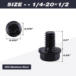 20-Sets 1/4-20 x 1/2" Hex Flange Bolts and Nuts Black, 304 Stainless Steel, Serrated Flange Anti-Vibration, UNC Full Thread