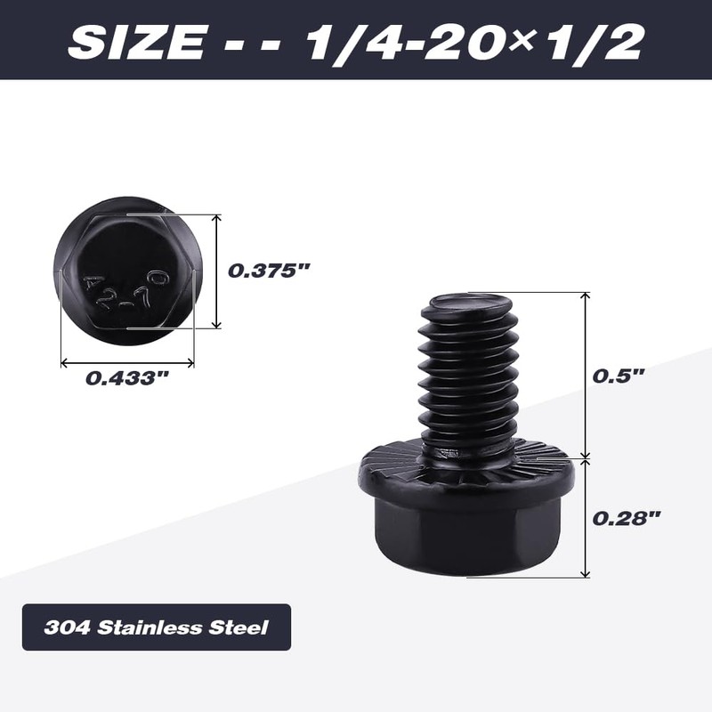 20-Sets 1/4-20 x 1/2" Hex Flange Bolts and Nuts Black,