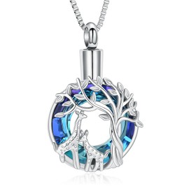 XSMZB Giraffe Urn Necklace for Ashes of Loved One Tree of Life Cremation Jewelry Crystal Circle Keepsake Pendant for Human Pet(Silver)