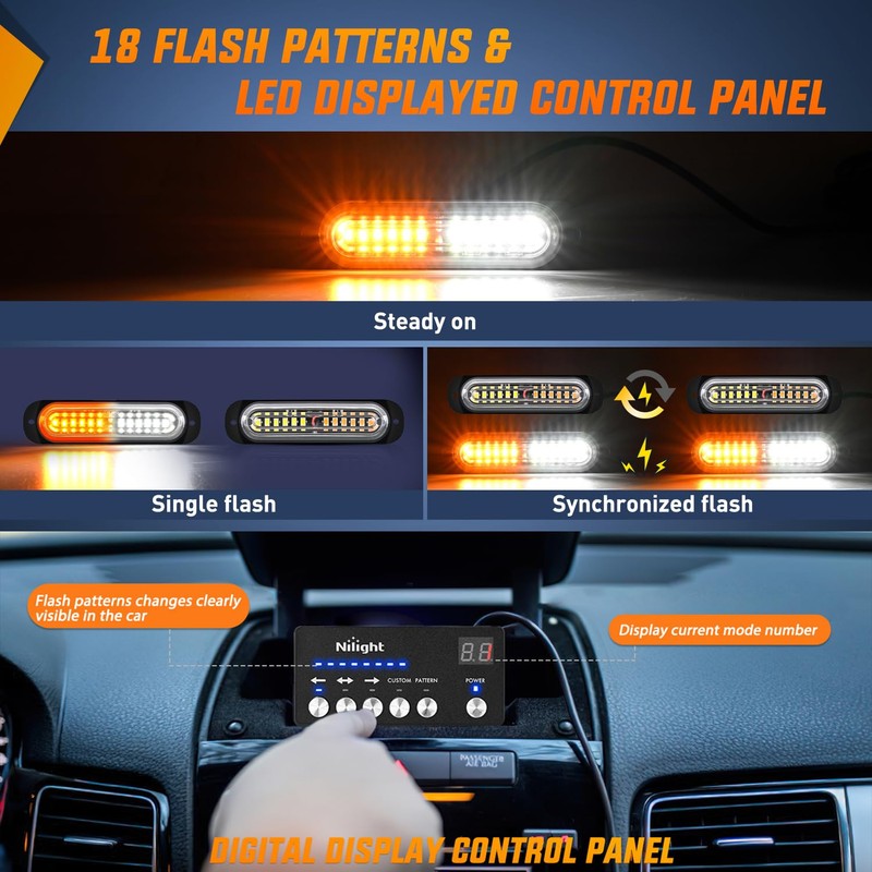 Nilight 8PCS Led Strobe Lights with Controller 12V 24V Sync