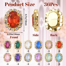 URROMA 36 Pcs Rhinestones Buttons Embellishments, 12 Colors Oval Rhinestones for Crafts Flat Back Crystal Rhinestone Buttons for Sewing DIY Clothing Wedding Decor (14mm)