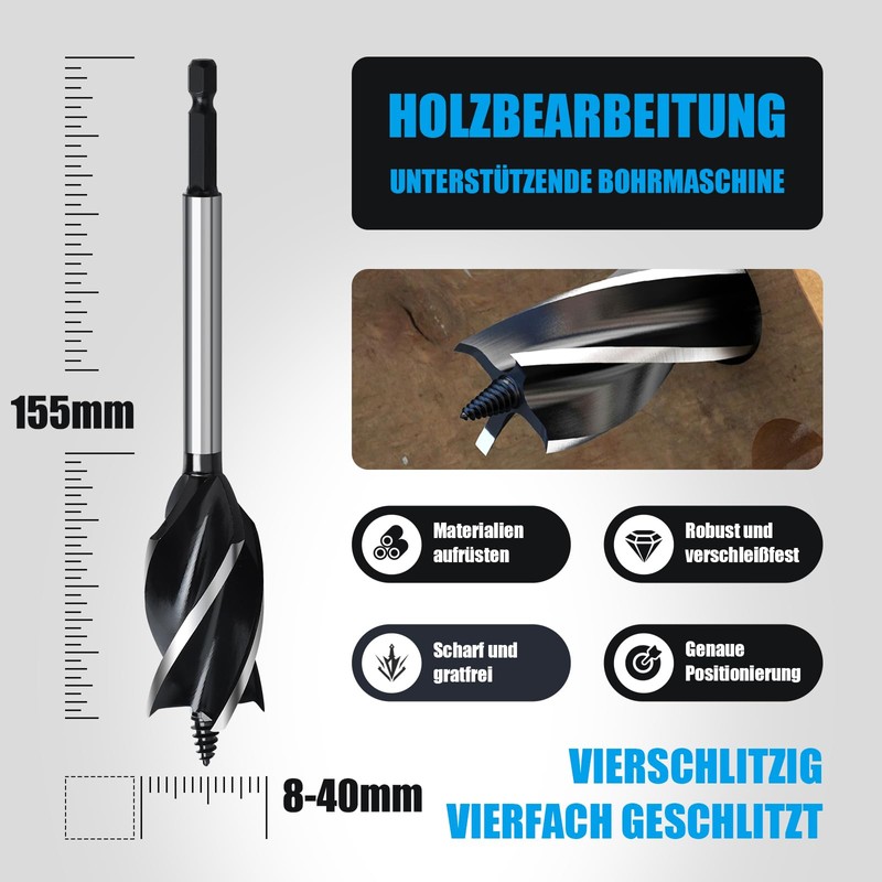 3-Piece Wood Drill Bit 8 mm x 165 mm Hex