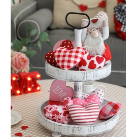 Valentine’s Day Stuffed Fabric Heart, 8 Pieces Heart Shaped Ornaments, Valentines Red Pink Heart Decoration for Tiered Tray Bowl Basket