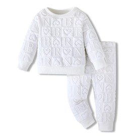 Jecson - Conjunto de ropa para bebé niña de otoño e invierno de 3 a 4 años con suéter y pantalones en relieve para niña, Blanco, 6-9 meses