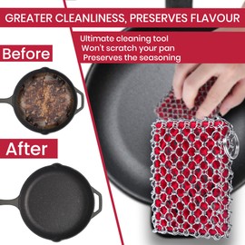 Cast Iron Scrubber Chainmail - 316L Cast Iron Cleaner Scrubber and Bamboo Cloth Set - Chain Mail Scrubber - Stainless Steel Chainmail Scrubber for Skillet, Pan, Dutch Oven - Essential Accessory