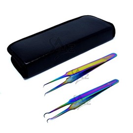 SET OF 2 Stainless Steel Multi Titanium Rainbow Color Jeweler Style Tweezers #5A + Round Angled tip Fine Point (A2Z)