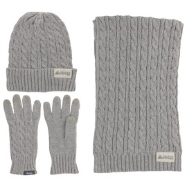 Jeep Men's and Women's 3 Piece Cable Knit Scarf, Beanie, and Gloves Set-Unisex One Size Fits Most, Gray
