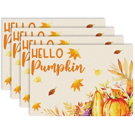 RZQIJ Hello Pumpkins Fall Placemats Set of 4, 12x18 Harvest Pumpkins Maple Leaves Table Mat Decor, Seasonal Autumn Table Decors for Thanksgiving Dining Kitchen Holiday Party. (015)