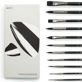 ARTIFY Set 12 Pinceles Acuarela Nylon para Acrílico Óleo y Gouache | Sin Pérdida de Pelo, Alta Absorción de Agua, Virola de Doble Fijación Incluye Pin