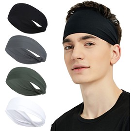 4-Pack Diadema Deportiva para Hombre, Bandas para El Cabello Deportivas Sweatband, Elástica Banda para el Sudor de Secado Rápido, Banda para la Cabeza para Correr, Andar en Bicicleta, Yoga, Senderismo, Baloncesto