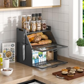 Farmhouse Breadbox Organizer - Large Wooden Double Layer Bread Bin with Acrylic Window, Black