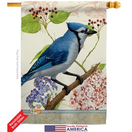 Ornament Collection HS191052-BO-03 Blue Jay Floral Garden Friends Birds Impressions Decorative Vertical 28" x 40" Double Sided House Flag Set Wood Dowel with String Hardware