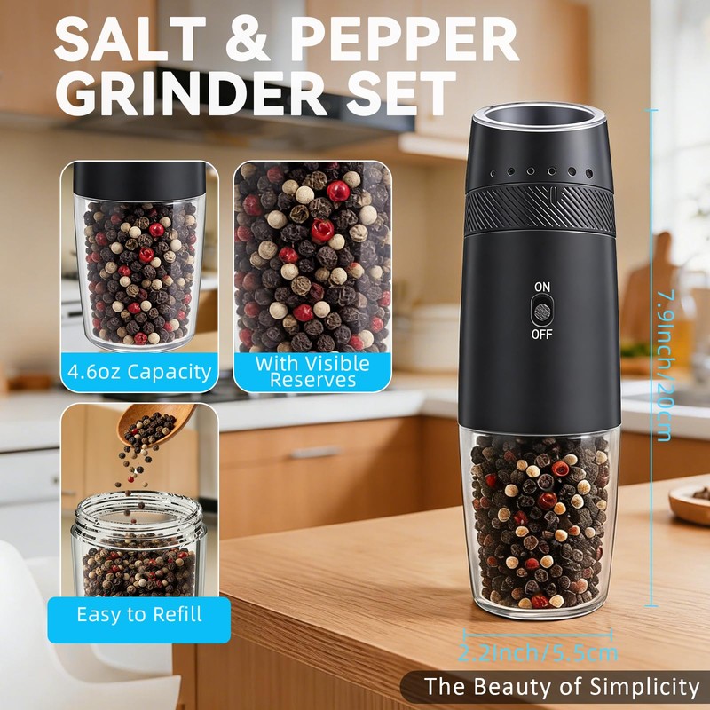 Rechargeable Salt and Pepper Grinder Set, Gravity Electric Salt and