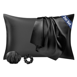 Seiwohl Satin Cushion Cover 40 x 80 cm, Set of 2 Satin Pillowcases 40 x 80 cm Pillowcase Cushion Cover for Hair and Skin, Similar to Silk, Black, with Hair Tie and Hair Cap