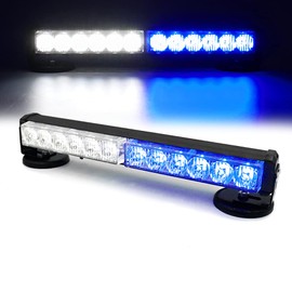 FOXCID 12 LED Emergency Hazard Warning Strobe Flashing Light Bar Wireless Battery W/Magnetic Base and Rechargeable Plug for Beacon Rooftop Safety Vehicles Tow Trucks Tractor Snowplow, White Blue
