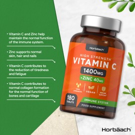 Vitamin C and Zinc | 180 Vegan Tablets | High Strength Vitamin C 1400mg and Zinc 40mg | Immune System Support | by Horbaach