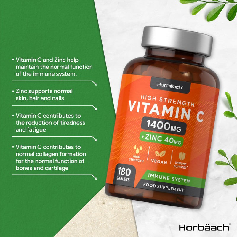 Vitamin C and Zinc | 180 Vegan Tablets | High