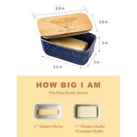 YHOJOY Ceramic Butter Dish with Lid, Covered Butter Dish for Countertop, Airtight Butter Holder Crock with Airtight Seal, HoneyBee Kitchen Decor, Blue