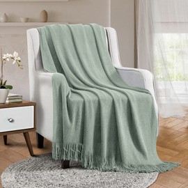 Vonty Sage Green Knitted Blanket with Tassels Fringe 60" x 80", Super Soft Knit Throw Blanket, Farmhouse Decorative Lightweight Blanket for Couch, Sofa, Bed