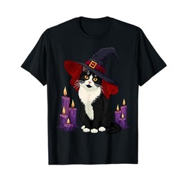 Cute Tuxedo Witch Cat with Purple Candles for Men Women Kids T-Shirt