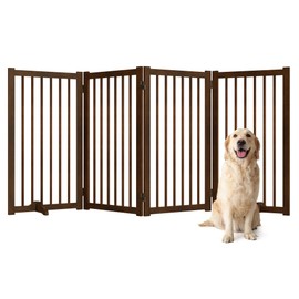 36" H Freestanding Pet Gate, Solid Wood Foldable Dog Gate with Support Feet, Wooden Tall Dog Gate for Doorway, Stairs & Indoor Use, 60" Wide Expandable Pet Fence, 4 Panels, Walnut