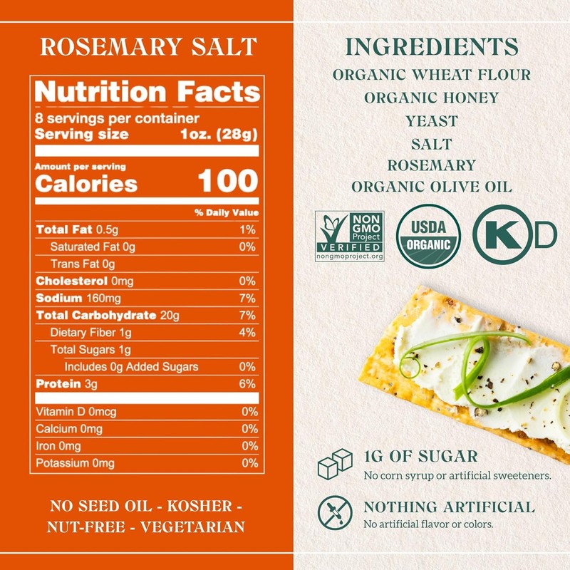 Firehook Artisan Baked Crackers, Rosemary Sea Salt, Kosher, USDA Certified