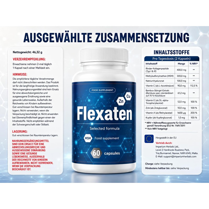 Flexaten 60 Capsules - Adult Dietary Supplement with Collagen Peptides,