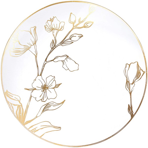 [7'' Plates 10 Count] White Plastic Floral Design Party Plates With Gold Rim Premium heavyweight Elegant Disposable Tableware Dishes