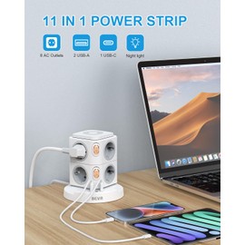 BEVA Power Strip with Surge Protector, Vertical Socket Block with 8 Sockets and 3 USB, Power Strip with Two Switches, Overcharging and Over Voltage Protection, 2 m