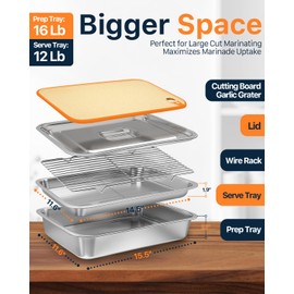 Matchwaves Grilling Prep and Serve Trays with Lid, Stainless Steel Extra Large Grill Carry System, Deep Marinating Container with Cutting Board for BBQ Outdoor Grilling