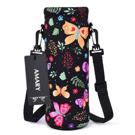 AMARY 750ML Neoprene Water Bottle Carrier Bag with Adjustable Shoulder Strap,Insulated Water Bottle Cover for Stainless Steel/Glass/Plastic Bottles 24OZ (Butterfly-3)