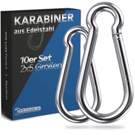 GARSIDURO® Stainless Steel Carabiner | Set of 10 in 5 Sizes | Snap Hook DIN 5299 Rustproof | Fire Brigade Carabiner with Snap Lock Suitable as Key Ring Carabiner or Heavy Duty Carabiner
