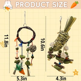 Acsist Rabbit Chew Toy, 2Pcs Bunny Cage Hanging Chew Toy & Treats,Natural Material Handwoven Chinchilla Rattan Ring Treats Toys for Guinea Pigs Hamsters Rats and Other Small Pets Teeth Grinding