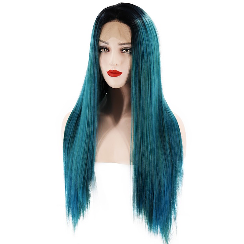 Long Straight Hair Wig Gradient Green Color Centre Parting Hairstyle