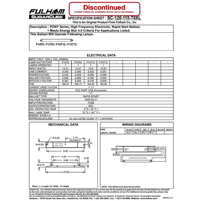 Fulham FLOURESCENT LAMP BALLAST F14/F15T8, FULHAM PONY SC-120-115-T8X