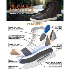 Milwaukee Leather MBM9002 Men's Black Leather Reinforced Street Biker Riding Shoes w/Shift Protect Ankle Support - 11.5