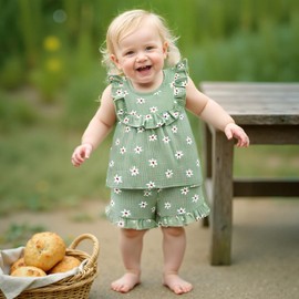 BemeyourBBs Summer Toddler Girl Clothes Baby Girl Ruffle Sleeveless Shirt with Buttons Bow Bloomers Shorts Set Cute Outfits (Floral Green, 3-4T)