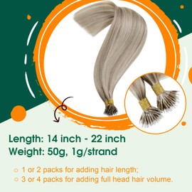 Easyouth Ash Blonde Nano Hair Extensions Real Human Hair Nano Beads Extensions Straight Human Hair Nano Ring Hair Extensions Blonde #18/613 20inch 50g 50s