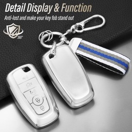 Coverforkey for Ford Key Fob Cover with Nylon Webbing Keychain, Fashionable Matte Metallic Soft Case for for Fusion Mustang F150-350 Edge Explorer Lincoln etc. (5 Button) Shell (Silver, B)