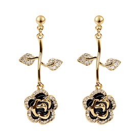 Black Rose Flower Dangle Earrings for Women, Copper plated in Gold with Sparkling Cubic Zirconia,S925 Sterling Silver post, lightweight fashionably Versatile drop earrings
