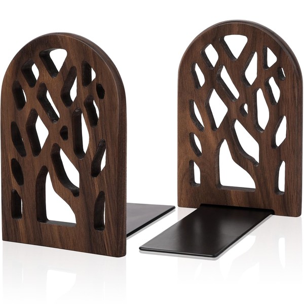 MOUNTCLIM 2 Pieces Wood Tree Design Non-Skid Bookends, Heavy Duty